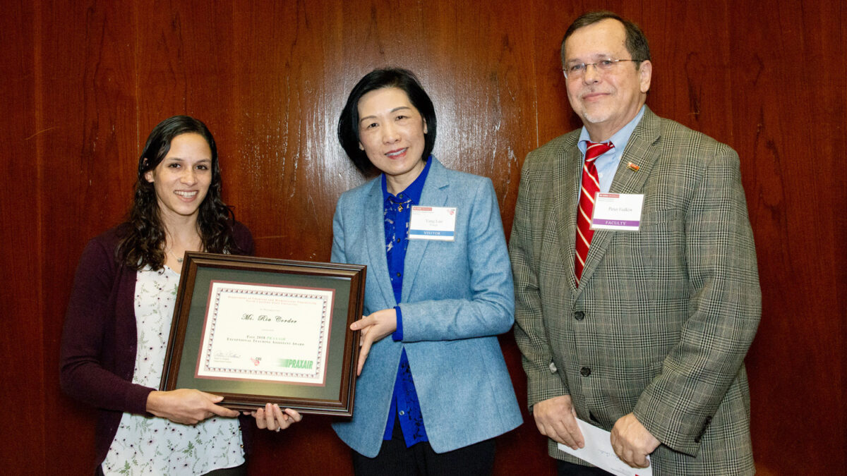 he 2019 Praxair Exceptional Teaching Assistant Award Recipient. L-R: Ria Corder (award recipient), Dr. Yang Luo (Praxair, Inc.) and Dr. Peter Fedkiw (CBE Department Head)