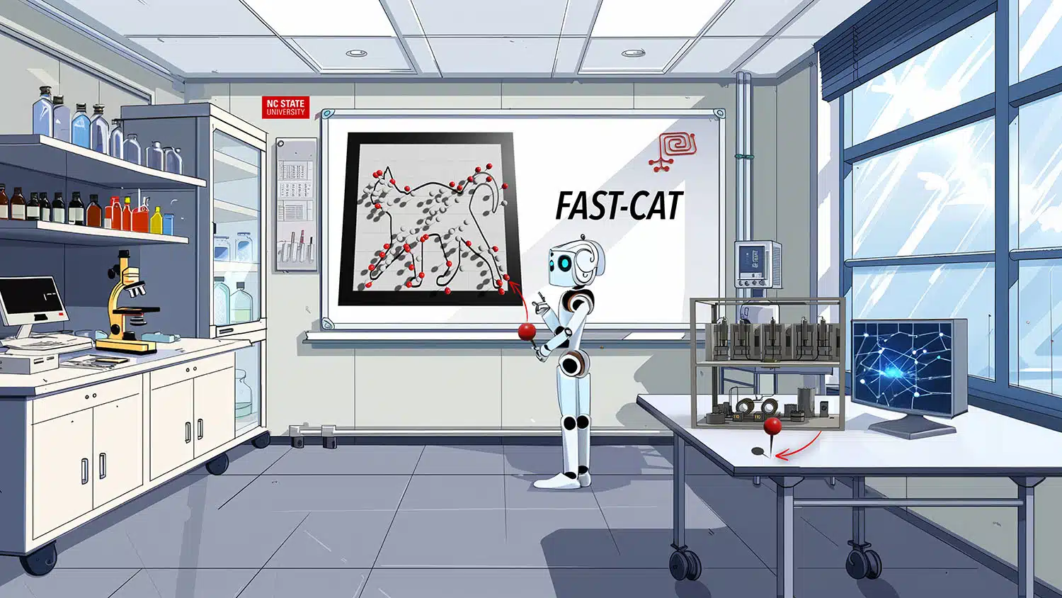 image shows robot in a lab, standing in front of a whiteboard that shows a range of catalytic reactions